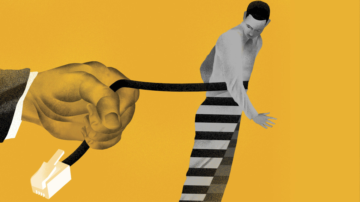 An illustration of a hand pulling an ethernet cable wrapped around a man.